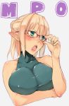 1girl adjusting_glasses bespectacled blonde_hair blush breasts glasses green_eyes highres kurokuro large_breasts looking_away mizuhashi_parsee open_mouth pointy_ears short_hair sketch solo touhou 