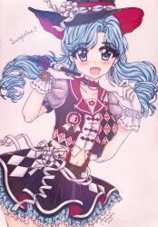  1girl 2019 absurdres black_hat black_skirt black_vest blue_eyes blue_hair bow character_name collarbone collared_vest commentary cowboy_shot cropped_shirt dot_nose drill_hair english_commentary eyelashes eyeshadow frilled_skirt frills gloves grey_sleeves happy hat hat_bow highres holding holding_wand instagram_username light_blush long_hair looking_at_viewer low_twintails magician makeup midriff miniskirt miracle_nikki nikki_(series) open_clothes open_mouth open_vest parted_bangs pleated_skirt puffy_short_sleeves puffy_sleeves purple_eyeshadow red_bow red_hat ribbon shirt short_sleeves signature skirt smile solo standing surprise_(miracle_nikki) tareme tassel top_hat traditional_media twin_drills twintails two-sided_fabric two-sided_headwear vest waist_ribbon wand watermark wavy_hair white_bow white_gloves white_ribbon white_shirt white_wrist_cuffs wrist_cuffs yamisaan 