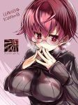  1girl blush breasts glasses impossible_clothes original red_eyes redhead ribbed_sweater short_hair solo steepled_fingers sweater tokita_monta turtleneck 