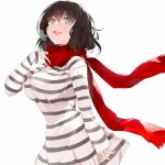  1girl black_hair blue_eyes blush breasts cleavage fang looking_at_viewer nauribon open_mouth original scarf shirt short_hair simple_background smile solo striped striped_shirt white_background 