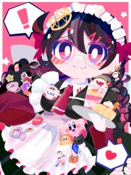  ! 1girl apron black_hair bow fairy fairy_wings glasses heart highres invincible_candy kirby kirby_(series) kirby_64 long_hair maid_apron maid_day maid_headdress n-z omame_sakana pink_background ripple_star ripple_star_queen scarfy skud_(kirby) smile star_(symbol) sticker sticker_on_clothes stuffed_toy tray violet_eyes waddle_dee white_apron wings zero_two_(kirby) 