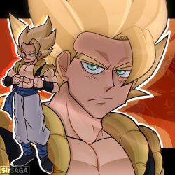  1boy abs belt black_vest blonde_hair close-up collarbone dragon_ball dragon_ball_super dragon_ball_super_broly gogeta green_eyes hair_between_eyes highres metamoran_vest muscular muscular_male orange_background saiyan serious sirs_a_g_a smile super_saiyan vest wristband 