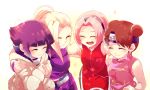  4girls azu_(kirara310) blonde_hair brown_hair closed_eyes double_bun happy haruno_sakura hyuuga_hinata long_hair multiple_girls naruto pink_hair purple_hair short_hair smile tenten yamanaka_ino 