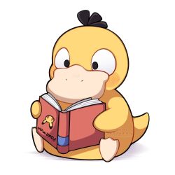  absurdres beak bird blush book duck full_body highres holding holding_book no_humans pikachu pokemon pokemon_(creature) pokemon_focus psyduck reading sevi_(seviyummy) simple_background sitting smile tail upside-down_book white_background 