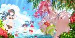  4girls absurdres black_hair blue_hair blush breasts brown_eyes flower hair_flower hair_ornament highres katoma kureha_(sound_voltex) long_hair looking_at_viewer multiple_girls one_eye_closed open_mouth pink_eyes pink_hair rasis red_eyes smile sound_voltex swimsuit tsubaki_(sound_voltex) twintails yamashina_kanade 