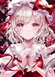  1girl absurdres alcohol apple ascot blonde_hair bow breasts cherry collarbone collarbone_peek commentary_request crystal_wings cup dot_nose drinking_glass flandre_scarlet food frilled_shirt_collar frilled_sleeves frilled_wrist_cuffs frills fruit grapes hat hat_bow hat_ribbon highres interlocked_fingers long_hair looking_at_viewer mob_cap own_hands_together parted_lips pomegranate puffy_short_sleeves puffy_sleeves red_background red_bow red_eyes red_ribbon red_theme red_vest ribbon short_sleeves side_ponytail small_breasts solo straight-on strawberry suzushina touhou upper_body vest water white_hat white_wrist_cuffs wine wine_glass wings wrist_cuffs yellow_ascot 