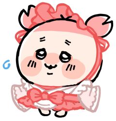  1girl :3 bkub blush_stickers bonnet bow chibikemo chiikawa chin_strap crab_claw dress flying_sweatdrops frilled_bonnet frills full_body furry furry_female furuhonya lolita_fashion long_sleeves open_mouth pink_bonnet pink_bow pink_dress simple_background sleeves_past_fingers sleeves_past_wrists solo white_background white_dress 