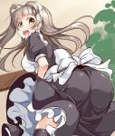 1girl ajishio apron ass blush bow brown_eyes brown_hair hair_bow long_hair looking_at_viewer looking_back love_live!_school_idol_project maid maid_apron maid_headdress minami_kotori open_mouth side_ponytail solo 