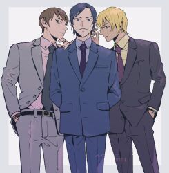 3boys amuro_tooru beard_stubble blonde_hair blue_eyes blue_suit brown_hair collared_shirt commentary cowboy_shot facial_hair grey_suit hand_in_pocket looking_at_viewer male_focus meitantei_conan morofushi_takaaki multiple_boys mustache nona_navy scotch_(meitantei_conan) shirt short_hair stubble suit symbol-only_commentary 