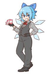  1girl :d alternate_costume black_gloves black_pants black_shoes black_vest blue_bow blue_eyes blue_hair bow bright_pupils buttons card cirno collared_shirt commentary_request dot_nose dress_pants dress_shirt formal_clothes full_body gloves grey_shirt grin hair_between_eyes hair_bow hand_on_own_hip long_sleeves looking_at_viewer mizusoba neck_ribbon pants playing_card red_ribbon ribbon shirt shoes short_hair smile solo standing touhou vest waistcoat white_pupils 