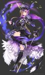  1girl dual_wielding empew gyakushuu_no_fantasica hat holding long_hair looking_at_viewer official_art original ponytail purple_hair simple_background solo staff sword very_long_hair violet_eyes weapon 