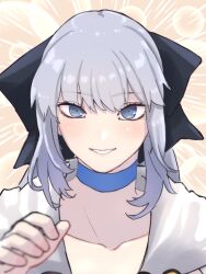  1girl black_bow blue_eyes blush bow braid choker collarbone dress fate/grand_order fate_(series) grey_hair grin hair_bow long_hair long_sleeves looking_at_viewer morgan_le_fay_(fate) niwaikanai ponytail sidelocks smile solo very_long_hair white_dress 