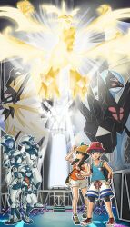  3boys 3girls :o arms_behind_back backpack bag black_eyes black_hair blue_hair blue_shirt blue_skin bracelet braid brown_hat bucket_hat claws clenched_hand closed_mouth colored_skin commentary_request dragon dragon_wings dulse_(pokemon) elio_(pokemon) eyelashes facial_hair fangs glowing goatee hair_over_one_eye hand_on_own_chin hand_on_own_hip handbag hat helmet highres hinatama_poke holding holding_poke_ball holding_strap jewelry long_hair looking_up medium_hair multiple_boys multiple_girls multiple_wings mustache necrozma necrozma_(dawn_wings) necrozma_(dusk_mane) necrozma_(ultra) open_mouth orange_hair orange_shirt outline phyco_(pokemon) poke_ball poke_ball_(basic) pokemon pokemon_(creature) pokemon_usum purple_hair red_hat red_shoes sandals selene_(pokemon) shirt shoes short_hair shorts single_braid skin_fangs sleeveless sleeveless_shirt smile soliera_(pokemon) standing teeth twin_braids ultra_recon_squad_uniform upper_teeth_only white_helmet white_outline white_shorts wings z-ring zossie_(pokemon) 