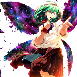  1girl 4b-enpitsu bow bowtie green_hair green_skirt hairband highres macross macross_frontier medium_hair purple_bow purple_bowtie ranka_lee shirt skirt solo space three-quarter_sleeves violet_eyes white_background white_shirt 