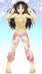 1girl black_hair breasts capri_pants floral_print mary_janes no_socks open_mouth original pants scrunchie see-through shoes smile tsuka_(tsuka0808) two_side_up 