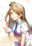  1girl blush brown_hair character_name copyright_name earrings fingerless_gloves gloves hair_ornament hairclip jewelry liang love_live!_school_idol_project minami_kotori necktie side_ponytail smile solo white_gloves yellow_eyes 