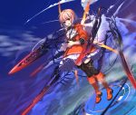  1girl :d dutch_angle empew flying looking_at_viewer machinery open_mouth original pink_hair red_eyes short_hair smile solo sword thigh-highs weapon wings 