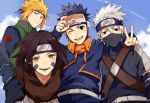  1girl 3boys black_eyes black_hair blonde_hair blue_eyes brown_eyes forehead_protector goggles hatake_kakashi kkkkt mask multiple_boys namikaze_minato naruto nohara_rin short_hair silver_hair smile spiky_hair uchiha_obito v winking 