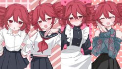 1girl :3 :o :s absurdres ahoge apron bare_shoulders black_sleeve_cuffs blush bow closed_eyes closed_mouth collarbone collared_shirt confrontation detached_sleeves diagonal-striped_background double-parted_bangs dress_shirt drill_hair embarrassed flustered frilled_shirt_collar frilled_sleeves frills furrowed_brow grid_background hair_ornament hairclip half-closed_eyes hand_up happy head_tilt heart heart_background heart_hair_ornament highres in_heat jirai_kei kasane_teto leaning_forward looking_at_viewer maid maid_apron midriff_peek multiple_expressions naughty_face open_mouth own_hands_together pleated_skirt red_bow red_eyes red_hair sailor_collar school_uniform serafuku shirt sidelocks skirt skirt_hold sleeveless sleeveless_shirt striped_background twin_drills twintails vocaloid white_shirt yukia_1128