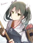  1girl bow_(weapon) gloves green_hair hiiragisouren kantai_collection muneate smile solo tagme twintails twitter_username weapon zuikaku_(kantai_collection) 
