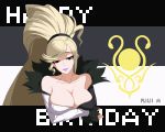  1girl black_eyes blonde_hair breasts cleavage dated fur_collar happy_birthday heterochromia high_ponytail hilda_(under_night_in-birth) large_breasts lipstick long_hair makeup off-shoulder_dress official_art pixel_art purple_lipstick red_eyes scrunchie smile solo under_night_in-birth very_long_hair 