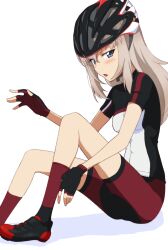  1girl bicycle_helmet bike_shorts black_gloves black_helmet black_shirt black_shoes blue_eyes blush commentary commission fingerless_gloves girls_und_panzer gloves grey_hair helmet itsumi_erika jersey kayabakoro light_frown looking_at_viewer medium_hair open_mouth pixiv_commission red_shorts red_socks shirt shoes short_sleeves shorts simple_background sitting sneakers socks solo white_background 