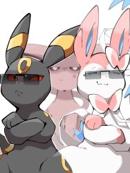  animal_focus black_fur blue_eyes bow closed_mouth colored_sclera crossed_arms espeon glasses highres hp7car7nxrq5s7q looking_at_viewer no_humans pokemon pokemon_(creature) pokemon_focus purple_fur red_eyes red_sclera ribbon smile sunglasses sylveon umbreon 