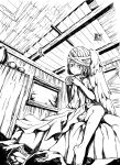  1girl amputee angel angel_wings bandages borrowed_character cassie_(acerailgun) eudetenis feathers highres indoors monochrome original single_wing sitting_on_bed solo window wings 