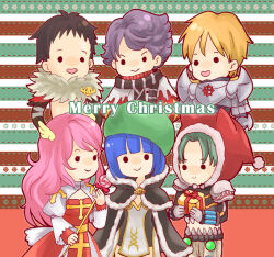  2girls 4boys arch_bishop_(ragnarok_online) armor beret black_cape black_hair black_scarf black_shirt blonde_hair blue_hair blunt_bangs breastplate cape chinese_commentary cleavage_cutout closed_mouth clothing_cutout commentary_request cowboy_shot cross cross_of_prontera dress fur-trimmed_cape fur_collar fur_trim genetic_(ragnarok_online) gloves green_hair green_hat grey_gloves hat head_wings high_wizard_(ragnarok_online) hood hood_up juliet_sleeves long_hair long_sleeves looking_at_viewer merry_christmas minstrel_(ragnarok_online) multiple_boys multiple_girls natsuki_(pighair) open_mouth pauldrons pink_hair puffy_sleeves purple_hair ragnarok_online red_dress red_hood royal_guard_(ragnarok_online) sash scarf shadow_chaser_(ragnarok_online) shirt short_hair shoulder_armor smile solid_circle_eyes striped_clothes striped_scarf two-tone_dress white_dress white_scarf wings yellow_sash 
