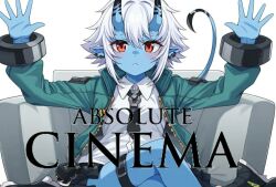  1girl absolute_cinema_(meme) blue_skin meme oni oni_horns short_hair soukaku_(zenless_zone_zero) zenless_zone_zero 