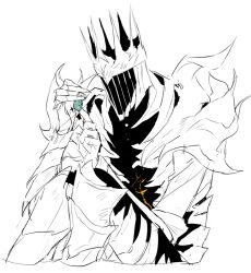  1boy armor elden_ring elden_ring_nightreign great_rune_(elden_ring) greaves greyscale helmet heolstor_the_nightlord highres holding_earrings knees_up monochrome ruu47 sigil sitting spiked_helmet spot_color tears 