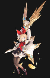  1girl absurdres annette_(king&#039;s_raid) armpits arms_up black_ribbon black_shoes black_skirt black_thighhighs blonde_hair blue_eyes breasts coat coin commentary_request drone feathered_wings floating floating_object floating_weapon frilled_thighhighs frills full_body garter_straps golden_wings hair_ribbon highres ji_yu_lee king&#039;s_raid korean_commentary lab_coat layered_skirt medium_hair miniskirt monocle navel neck_ribbon official_art petticoat red_ribbon red_shirt red_trim ribbon shirt shoes skirt small_breasts solo thigh-highs white_coat wings 