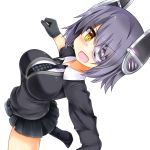  1girl blush breasts eyepatch gloves headgear kantai_collection large_breasts looking_at_viewer open_mouth purple_hair school_uniform short_hair simple_background skirt solo tenryuu_(kantai_collection) thigh-highs us2s white_background yellow_eyes 
