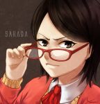  1girl black_hair brown_eyes character_name glasses holding holding_glasses jacket light_smile looking_at_viewer naruto red-framed_glasses short_hair solo sweater uchiha_sarada yvonne_(a715042007) 