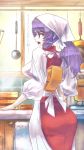  1girl alternate_hairstyle apron artist_name ass bangs breasts commentary_request cooking cooking_pot ears hair_up head_scarf japanese_clothes kappougi kimono kitchen large_breasts lipstick long_hair looking_back makeup oo_gata_ken pointy_nose purple_hair red_eyes signature solo steam tagme talking touhou translation_request yasaka_kanako 