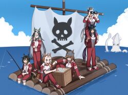  6+girls ahoge animal_ears beanie binoculars black_hair blue_eyes blue_sky blunt_bangs board_game bow breasts brown_eyes brown_hair brown_hat closed_mouth crate dream_journey_(umamusume) ear_bow ear_covers ear_ornament ears_through_headwear fenomeno_(umamusume) fishing fishing_rod flipped_hair giant_squid glasses gold_ship_(umamusume) grey_hair grey_hat gym_shirt gym_uniform hair_between_eyes hat highres himo_(user_rzgz5877) holding holding_binoculars holding_fishing_rod horse_ears horse_girl horse_tail jacket lollipop_in_mouth long_hair long_sleeves multicolored_hair multiple_girls nakayama_festa_(umamusume) ocean open_mouth orange_hair orfevre_(umamusume) outdoors pants peaked_cap pillbox_hat ponytail purple_hair raft red_jacket red_pants red_track_suit sail shirt short_sleeves single_ear_cover sitting sitting_on_shoulder skull_and_crossbones sky smile squid stay_gold_(umamusume) stay_gold_clan_(umamusume) streaked_hair tail tracen_training_uniform track_jacket track_pants track_suit two-tone_hair umamusume violet_eyes water white_hair white_shirt 