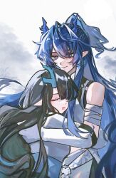  2girls arknights bandaged_arm bandages bare_shoulders black_hair blue_hair chinese_commentary closed_eyes closed_mouth commentary_request dragon_girl dragon_horns dusk_(arknights) elbow_gloves gloves hair_between_eyes highres horns hug ling_(arknights) long_hair multicolored_hair multiple_girls open_mouth pointy_ears shang_ge_promax siblings sisters sleeveless smile streaked_hair violet_eyes white_gloves 