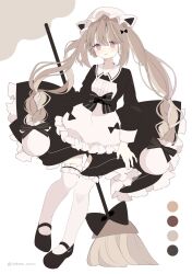 1girl apron black_bow black_bowtie blush bow bowtie braid broom dress frilled_dress frilled_thighhighs frills grey_hair highres long_hair looking_at_viewer magical_girl mahou_shoujo_ikusei_keikaku mahou_shoujo_ikusei_keikaku_restart maid maid_headdress nokko-chan pink_eyes sakana-miton shoes thigh-highs twintails very_long_hair white_background white_thighhighs