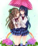  2girls ai_ai_gasa amber_eyes arm_behind_back blue_hair blush brown_hair carnation flower furukawa_kokoro green_background hair_ornament hair_ribbon holding_umbrella long_hair looking_at_another love_live!_school_idol_project minami_kotori multiple_girls petals plaid plaid_skirt polka_dot rainbow ribbon school_uniform short_sleeves side_ponytail skirt smile socks sonoda_umi umbrella yuri 