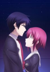  1boy 1girl absurdres black_jacket blue_eyes blue_hair bow chaos;child chest_bow cropped_jacket dress_shirt glasses height_difference hekiho_academy_school_uniform highres jacket key_visual looking_at_viewer miyashiro_takuru narrowed_eyes necktie non-web_source official_art onoe_serika open_mouth pink_hair promotional_art red_bow red_necktie sailor_collar sailor_shirt school_uniform science_adventure shirt short_hair short_hair_with_long_locks white_sailor_collar white_shirt 
