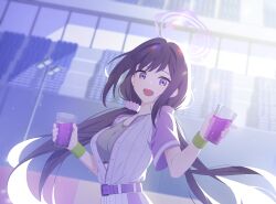  1girl baseball_jersey belt black_hair blue_archive breasts collarbone cup disposable_cup drink game_cg grey_sports_bra gulim hair_ornament halo highres holding holding_cup jersey long_hair looking_at_viewer low_twintails official_art open_clothes open_mouth purple_belt purple_halo purple_liquid purple_scrunchie scrunchie shirt short_sleeves smile solo sports_bra sportswear striped_clothes sumire_(blue_archive) sumire_(part-time)_(blue_archive) sweat twintails upper_body vertical-striped_clothes very_long_hair violet_eyes wristband 