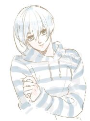  1boy blue_eyes blue_hair blue_lock closed_mouth eyelashes girly_boy hair_between_eyes highres hood hoodie long_sleeves looking_at_viewer male_focus mizuhara_aki short_hair simple_background smile solo striped_clothes striped_hoodie twitter_username upper_body white_background you_hiori 
