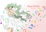  1girl cowboy_shot dated dress foreshortening furyou gradient gradient_background green_eyes green_hair hand_on_headwear happy_birthday hatsune_miku headset highres long_hair looking_at_viewer microphone musical_note open_mouth outstretched_hand solo standing treble_clef twintails vocaloid white_dress 