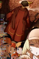  2girls 5boys azuchi_gen beanie black_eyes black_hair blonde_hair blue_eyes brother_and_sister brown_hair brown_scarf chat_log cliff crowd deerstalker green_hair haraya_manawari hat headband hololive hololive_english livestream long_hair looking_at_viewer meme moses_(bible) multiple_boys multiple_girls natsuyama_kanna natsuyama_tsukubo omegalul_(meme) one_piece orange_hair orange_hat orange_headband pepe_the_frog pom_pom_(clothes) pom_pom_beanie red_robe robe roronoa_zoro scarf shindou_hayato_(tondekeman!) short_hair siblings staff statue sweatdrop the_flying_house the_prince_of_egypt time_trouble_tondekeman! virtual_youtuber watson_amelia watson_amelia_(1st_costume) 