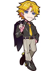  1boy anime_coloring belt belt_buckle black_belt black_jacket black_shirt black_shoes black_sleeve_cuffs blonde_hair blue_eyes buckle buttoned_cuffs buttons cigarette collared_shirt crazy_raccoon dress_pants dress_shoes facing_viewer formal_clothes full_body gold_buckle gradient_clothes gradient_jacket grey_pants holding holding_jacket holding_unworn_clothes jacket jacket_over_shoulder khaki_pants light_smile looking_at_viewer male_focus mandi_(gamer) necktie no_nose official_art pants parted_lips puppeteer7777 second-party_source shirt shoes short_hair single_hair_intake sleeve_cuffs solo standing standing_on_one_leg tachi-e teeth thick_lineart transparent_background unworn_jacket wing_collar yellow_necktie 