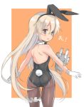  1girl animal_ears ass blonde_hair bowtie brown_eyes bunny_tail bunnysuit detached_collar from_behind gloves kantai_collection long_hair melompan pantyhose rabbit_ears rensouhou-chan shimakaze_(kantai_collection) tail 