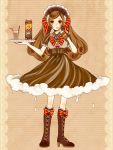  1girl boots bow breasts brown_eyes brown_hair corset cross-laced_footwear dress drinking drinking_straw food_as_clothes food_themed_clothes glass hair_ribbon high_heel_boots high_heels highres izumi_(maiko) knee_boots lace-up_boots long_hair maid_headdress mascot milk_carton original personification product_girl ribbon solo tray twintails yukijirushi yukiko-tan 