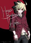  1boy ahoge artist_request belt black_hair blonde_hair casual hands_in_pockets happy_birthday hyde_(under_night_in-birth) multicolored_hair navel pants red_eyes shirt short_hair signature solo two-tone_hair unbuttoned under_night_in-birth 