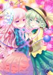  2girls blue_eyes blue_skirt bubble_skirt colored_eyelashes expressionless floral_print flower frilled_sleeves frills green_hair hata_no_kokoro heart heart_hands komeiji_koishi kyo_(kyo21413) long_hair looking_at_another looking_at_viewer multiple_girls pink_eyes pink_hair pink_rose pink_skirt plaid plaid_shirt rose short_hair skirt skirt_set smile third_eye touhou wavy_hair wide_sleeves yellow_shirt 