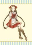  1girl 86_(pixiv) apron atelier_(series) atelier_ayesha bandana boots braid brown_hair dress grey_eyes highres knee_boots long_hair nanaca_grunden puffy_sleeves red_dress smile solo twin_braids twintails 